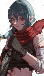 Rule 34 | 1girl, arc2urus, bandages, blue eyes, blue hair, brown gloves, dagger, fingerless gloves, fingernails, gloves, hair between eyes, heterochromia, holding, holding dagger, holding knife, holding weapon, knife, long hair, looking at viewer, lost ark, parted lips, ponytail, red eyes, red scarf, scarf, shana (lost ark), simple background, solo, upper body, weapon, white background