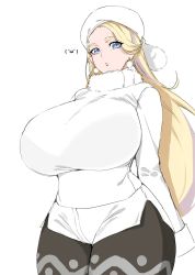 Rule 34 | 1girl, arms behind back, blonde hair, blue eyes, breasts, creatures (company), curvy, earrings, fur hat, game freak, gym leader, hat, highres, huge breasts, jewelry, long hair, looking at viewer, mature female, melony (pokemon), nintendo, pantyhose, pantyhose under shorts, parted lips, pokemon, pokemon swsh, scarf, see-through, short shorts, shorts, solo, standing, sweater, thick thighs, thighs, ushanka, white hat, white sweater, wide hips, xiangzi box