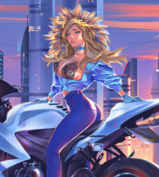 Rule 34 | 1girl, arm support, ass, bad id, bad pixiv id, blonde hair, blue eyes, bra, breasts, building, choker, city, cleavage, collarbone, from side, fur-trimmed hood, fur trim, gloves, high-waist pants, hood, lips, long hair, looking at viewer, looking to the side, mercy (overwatch), motor vehicle, motorcycle, overwatch, overwatch 1, pants, see-through, sky, solo, tatti art, underwear, vehicle, wind