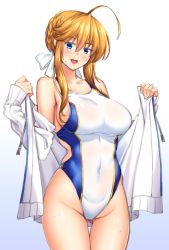 Rule 34 | 1girl, ahoge, artoria pendragon (fate), artoria pendragon (lancer) (fate), bare shoulders, blue eyes, braid, breasts, cleavage, collarbone, commentary request, competition swimsuit, covered navel, cowboy shot, fate/grand order, fate (series), french braid, gluteal fold, hair between eyes, highres, impossible clothes, impossible swimsuit, jacket, large breasts, long sleeves, looking at viewer, one-piece swimsuit, open clothes, open jacket, open mouth, shirokuma a, sidelocks, solo, swimsuit, thigh gap, thighs, white one-piece swimsuit, wide hips