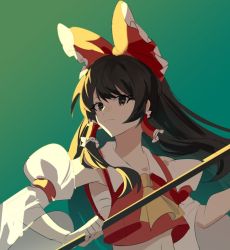 Rule 34 | 1girl, arong, ascot, black eyes, black hair, bow, closed mouth, detached sleeves, gohei, green background, hair bow, hair tubes, hakurei reimu, holding, long hair, looking at viewer, red bow, red shirt, shirt, simple background, solo, touhou, upper body, wide sleeves, yellow ascot