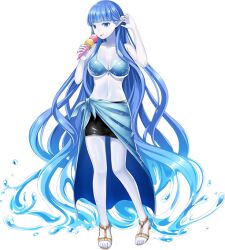 Rule 34 | 1girl, absurdly long hair, adjusting hair, artist request, bikini, black skirt, blue bikini, blue eyes, blue hair, blue skirt, blunt bangs, breasts, cleavage, colored skin, dina (monster musume), game cg, ice cream cone, large breasts, liquid hair, long hair, looking at viewer, midriff, monster musume no iru nichijou, monster musume no iru nichijou online, navel, official art, pointy ears, sandals, skirt, swimsuit, tied skirt, tongue, tongue out, transparent background, undine, very long hair, white skin, yellow footwear