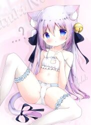 Rule 34 | ...?, 1girl, akatsuki (ytkg5558), animal ear fluff, animal ears, bell, blue eyes, blush, bow, cat ears, cat girl, cat lingerie, cat tail, collarbone, commentary, frilled thighhighs, frills, hair bell, hair bow, hair ornament, highres, long hair, meme attire, original, panties, purple hair, ribbon, short eyebrows, signature, solo, symbol-only commentary, tail, tail ornament, tail ribbon, thick eyebrows, thighhighs, underwear, underwear only, white panties, white thighhighs