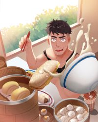 Rule 34 | 1boy, black hair, black tank top, bowl, chopsticks, cup, day, disposable cup, drinking straw, eric (gaydio zrong), facial hair, food, gaydio zrong, goatee stubble, highres, holding, holding chopsticks, indoors, male focus, open mouth, original, short hair, solo, stubble, tank top, undercut, window