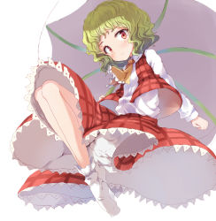 Rule 34 | 1girl, ankle socks, ascot, bloomers, blush, feet, from below, green hair, kazami yuuka, legs together, long sleeves, looking at viewer, no shoes, parasol, plaid, plaid skirt, plaid vest, red eyes, ripu (lipi), short hair, simple background, sketch, skirt, smile, socks, solo, touhou, umbrella, underwear, upskirt, vest, wavy hair