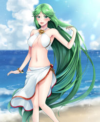 Rule 34 | 1girl, beach, bikini, blush, breasts, day, green eyes, green hair, highres, kid icarus, kid icarus uprising, large breasts, long hair, looking at viewer, navel, nintendo, open mouth, palutena, smile, solo, swimsuit, tiara, very long hair, yuino (fancy party)