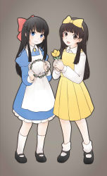 Rule 34 | apron, aya drevis, black footwear, black hair, blue dress, blue eyes, brown eyes, child, commentary request, crossover, devotion, dress, du meishin, flower, full body, grey background, hairband, head wreath, highres, kneehighs, long hair, mad father, mary janes, open mouth, own hands together, ribbon, shirt, shoes, simple background, smile, socks, white apron, white footwear, white legwear, white shirt, yellow dress
