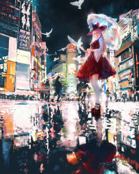 Rule 34 | 1girl, artist name, bird, building, city, crowd, dove, dress, faceless, full body, hat, highres, holding, holding umbrella, landscape, light, lolita fashion, long hair, long sleeves, looking at viewer, night, original, ornate, platform footwear, real world location, red dress, red footwear, shibuya (tokyo), shoes, sign, signature, solo, solo focus, standing, thighhighs, tokyo (city), translation request, umbrella, wayne chan, white bird, white thighhighs, white umbrella, zettai ryouiki