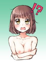 Rule 34 | !?, 1girl, blush, breast hold, breasts, brown hair, crossed arms, female focus, hinoichi241, nipples, nude, open mouth, original, short hair, solo, wet, yellow eyes