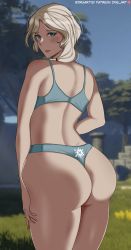 Rule 34 | 1girl, absurdres, aqua eyes, ass, bare shoulders, blush, bra, embarrassed, from behind, highres, huge ass, iris art, long hair, looking at viewer, pakko, rwby, smile, solo, thick thighs, thighs, thong, underwear, white hair, willow schnee