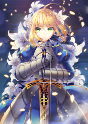 Rule 34 | 1girl, ahoge, armor, armored dress, artoria pendragon (all), artoria pendragon (fate), blonde hair, caliburn (fate), dress, fate/stay night, fate (series), flower, gauntlets, gradient background, green eyes, hair ribbon, highres, lily (flower), planted, planted sword, planted weapon, ribbon, saber (fate), solo, sword, weapon, zenyu