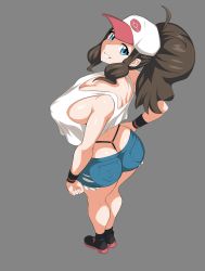 Rule 34 | 1girl, absurdres, ass, bare shoulders, baseball cap, black footwear, boots, breasts, brown hair, butt crack, cleavage, creatures (company), denim, denim shorts, from above, from behind, full body, game freak, grey background, hat, highres, hilda (pokemon), jadf, large breasts, long hair, looking at viewer, looking up, nintendo, pokemon, pokemon bw, shorts, sidelocks, simple background, smile, solo, standing, tank top, thong, whale tail (clothing), white tank top, wristband