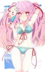Rule 34 | 1girl, aoi (annbi), bikini, blue bikini, expressionless, food, groin, hair ribbon, hata no kokoro, highres, legs together, long hair, looking at viewer, mask, mask on head, navel, noh mask, pink hair, popsicle, red eyes, red ribbon, ribbon, side-tie bikini bottom, solo, standing, swimsuit, thigh gap, touhou, twintails