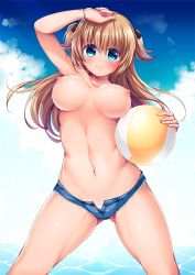 Rule 34 | 1girl, 3:, arm up, ball, beachball, blue eyes, blush, bracelet, breasts, breasts apart, brown hair, closed mouth, day, eyes visible through hair, gluteal fold, groin, head tilt, holding, jewelry, legs apart, long hair, medium breasts, navel, nipples, original, outdoors, puffy nipples, revision, ruri rarako, short shorts, shorts, smile, solo, standing, sunlight, sweat, topfreedom, topless, two side up