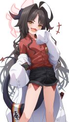 Rule 34 | +++, 1girl, ahoge, black hair, black horns, black shorts, black tail, blue archive, blush, coat, demon horns, fang, feet out of frame, hair intakes, halo, highres, horns, kasumi (blue archive), lab coat, long hair, looking at viewer, open mouth, red halo, red shirt, shijima (shijima tc), shirt, shirt tucked in, shorts, simple background, skin fang, smile, solo, white background, white coat, yellow eyes