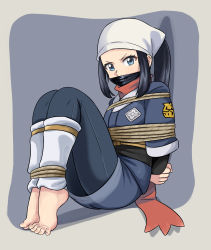 Rule 34 | 1girl, absurdres, akari (pokemon), arms behind back, barefoot, bdsm, blue eyes, blue hair, bondage, bound, bound ankles, breast bondage, breasts, cloth gag, creatures (company), dark blue hair, eyelashes, feet, gag, gagged, game freak, head scarf, highres, improvised gag, japanese clothes, kimono, leggings, looking at viewer, lost one zero, nintendo, over the mouth gag, pokemon, pokemon legends: arceus, red scarf, rope, scarf, toenails, toes