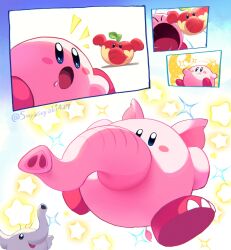 Rule 34 | :o, :t, animal ears, artist name, blue background, blue eyes, blush, blush stickers, closed eyes, closed mouth, drooling, elephant, elephant ears, elephant fruit, elephant tail, food, fruit, highres, hungry, inhaling, kirby, kirby (series), mario (series), nintendo, no humans, notice lines, open mouth, phan phan, simple background, smile, sparkle, star (symbol), super mario bros. wonder, suyasuyabi, twitter username, white background