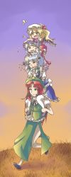 Rule 34 | 4girls, apron, bare legs, bat wings, blonde hair, blood, blue dress, braid, carrying, daigada, dress, drooling, evening, closed eyes, fang, flandre scarlet, grass, hair ribbon, hat, highres, hong meiling, interlocked fingers, izayoi sakuya, light purple hair, long hair, maid apron, maid headdress, mary janes, mob cap, multiple girls, nosebleed, own hands together, pink dress, pointing, puffy short sleeves, puffy sleeves, red dress, red eyes, remilia scarlet, ribbon, shoes, short hair, short sleeves, shoulder carry, side slit, silver hair, skirt, skirt set, smile, sparkle, touhou, tress ribbon, twin braids, walking, wince, wings