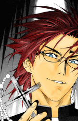 Rule 34 | 00s, 1boy, blue eyes, chain, cross, glasses, grin, kaneshiro hokuto, male focus, partially colored, red hair, rosario+vampire, short hair, smile, solo