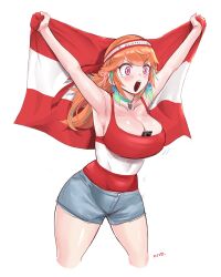 1girl arms_up austria austrian_flag breasts cellphone cheering choker cleavage cropped_legs denim denim_shorts euro_2024 flag green_choker headband highres holding holding_flag hololive hololive_english kivo large_breasts object_in_clothes open_mouth orange_hair phone pink_eyes red_tank_top short_shorts shorts smartphone solo takanashi_kiara tank_top virtual_youtuber