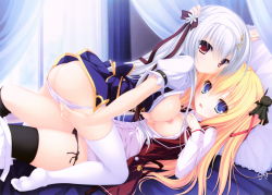 Rule 34 | 2girls, all fours, ass, bed, black legwear, black panties, blonde hair, blue eyes, breast press, breasts, breasts out, clothes pull, company connection, crossover, highres, indoors, justy x nasty, long hair, looking at viewer, lunaris filia, lying, mikagami mamizu, multiple girls, nipples, no bra, no pants, on back, onose mana, open clothes, open shirt, panties, panty pull, pillow, red eyes, ribbon, school uniform, shirt, side-tie panties, silver hair, skirt, skirt pull, smile, sylvia luna infinitus, symmetrical docking, thighhighs, twintails, two side up, underwear, undressing, white legwear, white panties, yuri