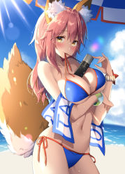 Rule 34 | 1girl, animal ears, beach, beach towel, between breasts, bikini, blue bikini, blush, bracelet, breast hold, breasts, cleavage, contrapposto, cowboy shot, day, fate/grand order, fate (series), fox ears, fox tail, highres, jewelry, large breasts, long hair, looking at viewer, masuishi kinoto, mouth hold, outdoors, pink hair, ribbon, ribbon in mouth, side-tie bikini bottom, solo, standing, sunlight, swimsuit, tail, tamamo (fate), tamamo no mae (fate/extra), tamamo no mae (swimsuit lancer) (fate), towel, wet, wet hair, yellow eyes