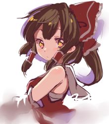 Rule 34 | 1girl, bare shoulders, bow, brown eyes, brown hair, closed mouth, collared shirt, detached sleeves, expressionless, frilled bow, frills, from side, hair bow, hair tubes, hakurei reimu, looking at viewer, looking back, medium hair, paragasu (parags112), red bow, red shirt, shirt, sidelocks, simple background, sleeveless, sleeveless shirt, solo, touhou, upper body, white background
