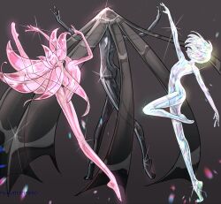 Rule 34 | 3others, absurdly long hair, arm up, arms up, ass, barefoot, black background, black gemstone, black hair, black skin, bob cut, bort, colored skin, completely nude, dancing, diamond (gemstone), diamond (houseki no kuni), facing away, facing up, floating hair, highres, houseki no kuni, knee up, leg lift, long hair, morganite (houseki no kuni), multicolored hair, multiple others, nude, nukumorineko, other focus, outstretched arms, pink gemstone, plantar flexion, reaching, short hair, simple background, standing, standing on one leg, streaked hair, translucent hair, twitter username, very long hair, white gemstone, white hair, white skin