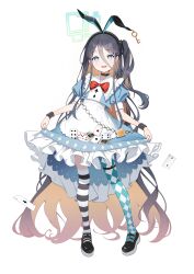 Rule 34 | 1girl, absurdly long hair, absurdres, apron, aris (blue archive), asymmetrical legwear, black footwear, black hair, blue archive, blue eyes, blue shirt, blue skirt, card, dampi, frilled skirt, frills, full body, green halo, halo, highres, key, long hair, looking at viewer, mismatched legwear, open mouth, puffy short sleeves, puffy sleeves, shirt, shoes, short sleeves, simple background, single leg pantyhose, single thighhigh, skirt, smile, solo, striped clothes, striped thighhighs, thighhighs, very long hair, waist apron, white apron, white background, wrist cuffs