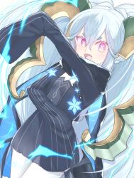Rule 34 | 1girl, aimii mii, blue hair, cross-shaped pupils, dress, fang, fate/grand order, fate (series), horns, larva tiamat (fate), larva tiamat (second ascension) (fate), long hair, pantyhose, pink eyes, scarf, sleeves past fingers, sleeves past wrists, symbol-shaped pupils, tiamat (fate), very long hair, white pantyhose