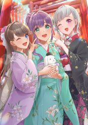 3girls :d ;d absurdres black_hat black_kimono bob_cut braid brown_hair colored_inner_hair commentary_request diagonal_bangs floral_print floral_print_kimono flower fujishima_megumi green_eyes green_kimono grey_hair grey_sash hair_flower hair_intakes hair_ornament half_updo hasu_no_sora_karuta_(love_live!) hat highres holding holding_stuffed_toy inverted_bob japanese_clothes kimono kobassy lily_print link!_like!_love_live! long_hair long_sleeves looking_at_viewer love_live! multicolored_hair multiple_girls multiple_torii new_year obi obiage obijime official_alternate_costume official_alternate_hairstyle one_eye_closed open_mouth otomune_kozue pink_eyes pink_flower pointing pointing_at_another purple_eyes purple_hair purple_kimono red_hair red_kimono sash short_hair side_braid side_ponytail sidelocks smile spider_web_print star_(symbol) star_print streaked_hair stuffed_animal stuffed_dog stuffed_toy tassel tassel_hair_ornament teeth torii two-tone_kimono upper_teeth_only virtual_youtuber white_flower wide_sleeves yugiri_tsuzuri