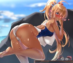 Rule 34 | 1girl, :p, absurdres, ahoge, andou you, ass, bare legs, bench, bent over, blonde hair, blue eyes, blue sky, blush, braid, breasts, cleft of venus, cloud, commentary request, competition swimsuit, covered erect nipples, crown, day, hair ornament, hair ribbon, hanging breasts, heart, highres, large breasts, long hair, mushroom, ocean, one-piece swimsuit, one eye closed, outdoors, pecorine (princess connect!), ponytail, princess connect!, ribbon, rock, shiny skin, sky, smile, solo, standing, standing on one leg, swimsuit, tan, thighs, tongue, tongue out, wet, white one-piece swimsuit