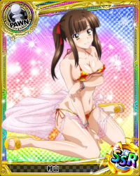 Rule 34 | 10s, 1girl, artist request, bikini, bracelet, breasts, brown eyes, brown hair, card (medium), character name, checkered background, chess piece, covered erect nipples, gradient background, hair ribbon, high school dxd, jewelry, large breasts, murayama (high school dxd), official art, pawn (chess), rainbow background, ribbon, runes, solo, sparkle, swimsuit, torn bikini, torn clothes, torn swimsuit, trading card, twintails