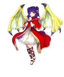 Rule 34 | 1girl, amagai tarou, ankle lace-up, bracelet, capelet, coat, cross-laced footwear, dragon girl, dragon wings, dress, eyebrows, fire emblem, fire emblem: the sacred stones, fire emblem heroes, full body, gold trim, hair tie, highres, jewelry, long hair, multi-tied hair, myrrh (fire emblem), nintendo, official art, own hands together, pale skin, purple hair, red capelet, red coat, red eyes, sandals, shin strap, short dress, solo, transparent background, twintails, white dress, wings, wristband, yellow wings