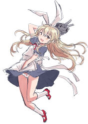 Rule 34 | absurdres, alice (alice in wonderland), alice (alice in wonderland) (cosplay), alice in wonderland, alternate costume, animal ears, apron, blonde hair, commentary request, cosplay, crop top, dress, fake animal ears, fuji (pixiv24804665), grey dress, grey eyes, hairband, highres, kantai collection, long hair, panties, rabbit ears, red footwear, rensouhou-chan, shimakaze (kancolle), simple background, underwear, white apron, white background, white hairband, white panties