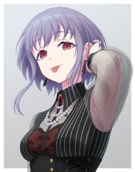 Rule 34 | 1girl, bang dream!, bang dream! it&#039;s mygo!!!!!, black corset, border, breasts, closed mouth, commentary request, corset, earrings, grey background, hand up, highres, jewelry, long hair, long sleeves, medium breasts, outside border, purple hair, red eyes, see-through, see-through sleeves, short hair, sidelocks, solo, temple o dragon, tongue, tongue out, tucking hair, upper body, white border, yuutenji nyamu