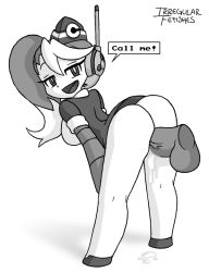 Rule 34 | 1girl, ass, bent over, bottomless, breasts, call (mighty no. 9), call e, cum, cum in pussy, cumdrip, disembodied penis, doggystyle, dress, english text, fringe trim, garrison cap, greyscale, hat, headset, irregular fetishes, large breasts, mighty no. 9, monochrome, multicolored hair, no feet, penis, robot, sex, sex from behind, short dress, side ponytail, simple background, smile, solo, solo focus, speech bubble, two-tone hair, uncensored, vaginal