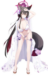 Rule 34 | 1girl, absurdres, animal ears, bare legs, between legs, bikini, blue archive, blush, breasts, brown hair, cape, cleavage, commentary, floral print, flower, fox ears, fox girl, fox tail, full body, hair between eyes, hair ornament, halo, hand between legs, hand on own forehead, hand up, highres, kuyoumi, large breasts, leaning forward, leaning to the side, long hair, nail polish, navel, pink nails, purple flower, sandals, slit pupils, smile, solo, swimsuit, tail, thigh strap, very long hair, wakamo (blue archive), wakamo (swimsuit) (blue archive), white bikini, white cape, yellow eyes