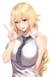 Rule 34 | 1girl, arm behind back, between breasts, blonde hair, blouse, blue eyes, blush, braid, breasts, commentary request, fate/grand order, fate (series), jeanne d&#039;arc (fate), jeanne d&#039;arc (girl from orleans) (fate), jeanne d&#039;arc (ruler) (fate), large breasts, long braid, looking at viewer, necktie, open mouth, shiny skin, shirt, simple background, sleeveless, sleeveless shirt, solo, v, white background, zucchini