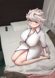 Rule 34 | 1girl, asymmetrical hair, bed, blush, breasts, controller, covered erect nipples, curtains, cypress, hotel room, kantai collection, large breasts, long hair, pillow, remote control, sitting, thighs, unryuu (kancolle), wariza, wavy hair, white hair, yellow eyes
