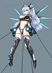 Rule 34 | 1girl, bdsm, black heart (neptunia), blue eyes, bondage, bound, breasts, cleavage, female focus, jyu ichi, long hair, looking at viewer, navel, neptune (series), nipples, noire (neptunia), restrained, solo, spread legs, symbol-shaped pupils, torn clothes, twintails, very long hair, white hair