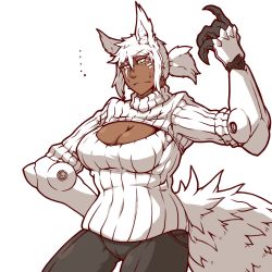 Rule 34 | ..., 1girl, animal ears, blush, breasts, cleavage, cleavage cutout, clothing cutout, cyborg, dantera rina, dark skin, dark-skinned female, highres, hutago, large breasts, mechanical arms, meme attire, open-chest sweater, original, pants, ponytail, scar, short hair, sidelocks, solo, sweater, tail, white hair, wolf ears, wolf tail