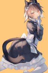 Rule 34 | 1girl, ahoge, animal ears, arknights, black dress, blush, brown hair, cat ears, cat tail, dress, feet out of frame, frilled dress, frills, from behind, gloves, hair between eyes, hand on own face, highres, looking at viewer, maid, multicolored hair, orange background, orange eyes, plume (arknights), sasa onigiri, short hair, simple background, solo, tail, two-tone hair, white gloves, white hair, white legwear