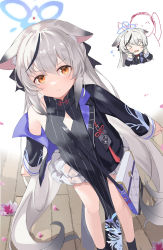 Rule 34 | 1girl, :t, animal ear fluff, animal ears, bag, black dress, black hair, blue archive, breasts, brown eyes, chibi, chibi inset, doodle sensei (blue archive), dress, flower, grey hair, halo, highres, jacket, kokona (blue archive), long hair, looking at viewer, multicolored hair, pout, sensei (blue archive), serika, shoulder bag, small breasts, solo, streaked hair, striped clothes, striped dress, white background
