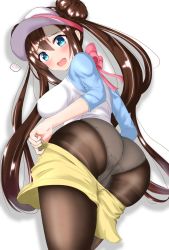 Rule 34 | !, 1girl, ass, blue eyes, blush, breasts, brown hair, creatures (company), double bun, from behind, from below, game freak, hair bun, highres, huge ass, large breasts, long hair, long sleeves, looking at viewer, looking down, nintendo, open mouth, panties, panties under pantyhose, pantyhose, pixiv49491898, pokemon, pokemon bw2, raglan sleeves, rosa (pokemon), short shorts, shorts, sideboob, solo, thick thighs, thighs, twintails, underwear, undressing, visor cap, white background, white panties, wide hips, yellow shorts