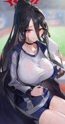 Rule 34 | 1girl, absurdres, black choker, black hair, black wings, blue archive, blurry, blurry background, blush, breasts, choker, clipboard, collarbone, depth of field, gym uniform, hair between eyes, halo, hasumi (blue archive), hasumi (track) (blue archive), highres, holding, holding clipboard, holding paper, huge breasts, jacket, long hair, looking at viewer, mole, mole under eye, official alternate costume, paper, ponytail, red eyes, relfit, see-through, shirt, shorts, sitting, solo, wet, wet clothes, white shirt, wings