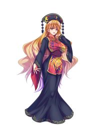 Rule 34 | 1girl, black dress, blonde hair, blush, breasts, chinese clothes, crescent, dress, full body, hair flip, hat, highres, junko (touhou), large breasts, long hair, long sleeves, looking at viewer, open mouth, red eyes, sash, solo, tabard, tachi-e, touhou, transparent background, very long hair, white background, wide sleeves, zephid