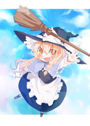 Rule 34 | 1girl, :d, apron, arm at side, arm up, black footwear, black hat, black vest, blonde hair, blue skirt, blue sky, blush, bow, braid, broom, capelet, day, eyebrows, female focus, flying, frilled apron, frills, from above, full body, hair between eyes, hair bow, hat, hat bow, hat ribbon, kirisame marisa, long hair, long sleeves, looking at viewer, mary janes, open mouth, pantyhose, pom pom (clothes), reaching, ribbon, shirt, shoes, single braid, skirt, sky, smile, solo, subterranean animism, touhou, vest, waist apron, white apron, white bow, white pantyhose, white ribbon, white shirt, witch, witch hat, yatani row, yellow eyes