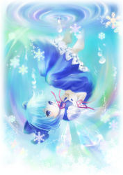 Rule 34 | 1girl, bad id, bad pixiv id, blue eyes, blue hair, cirno, dress, embodiment of scarlet devil, female focus, full body, gradient background, matching hair/eyes, miyai haruki, snowflakes, solo, touhou, underwater, water, wet, wet clothes, white background