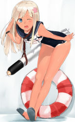 Rule 34 | 10s, 1girl, blonde hair, blush, gradient background, japanese flag, kantai collection, lifebuoy, long hair, one-piece swimsuit, one eye closed, open mouth, poco (backboa), propeller, ro-500 (kancolle), school swimsuit, solo, swim ring, swimsuit, tan, tanline, torpedo